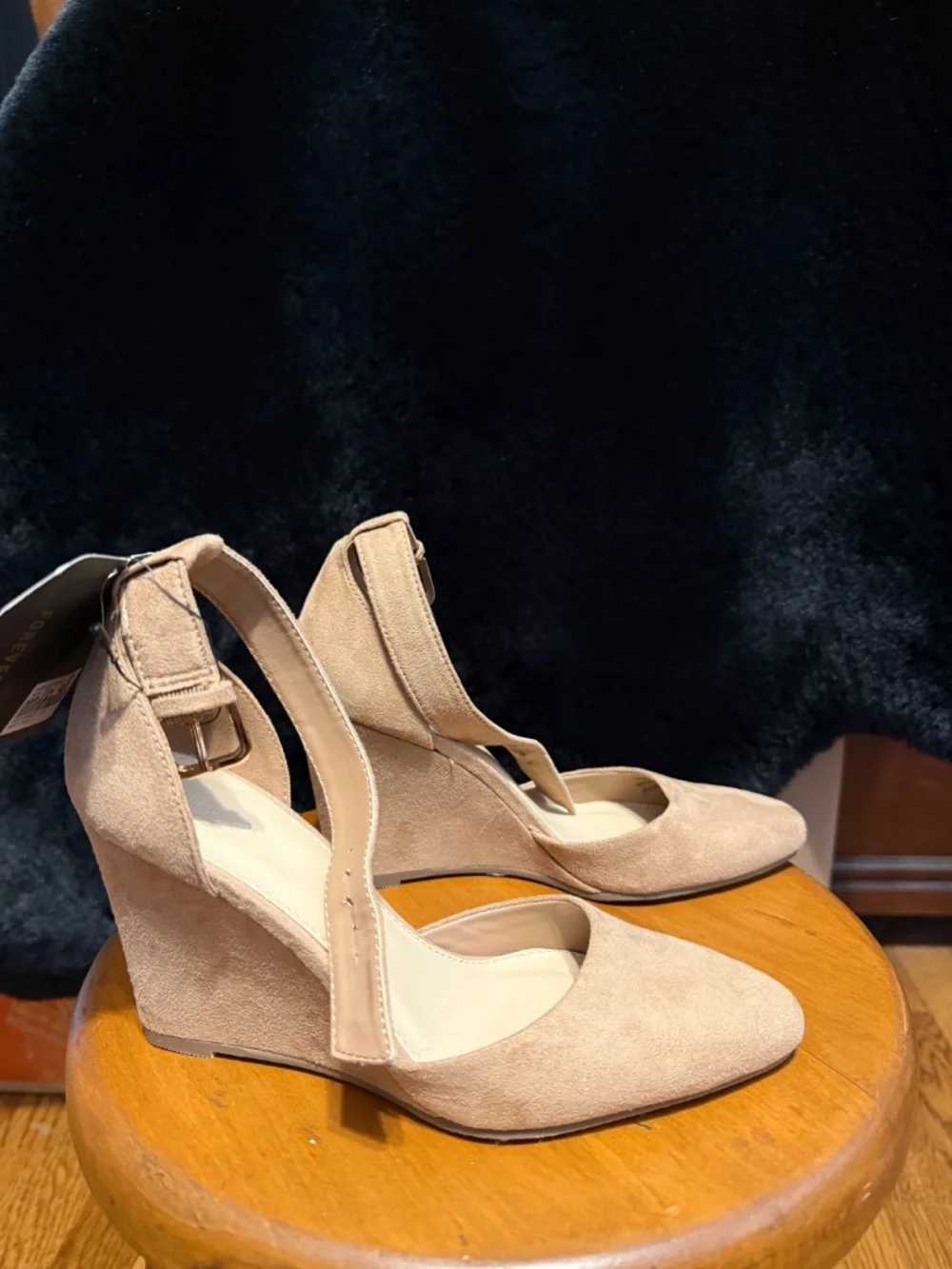 Beige suede like wedges with ankle straps